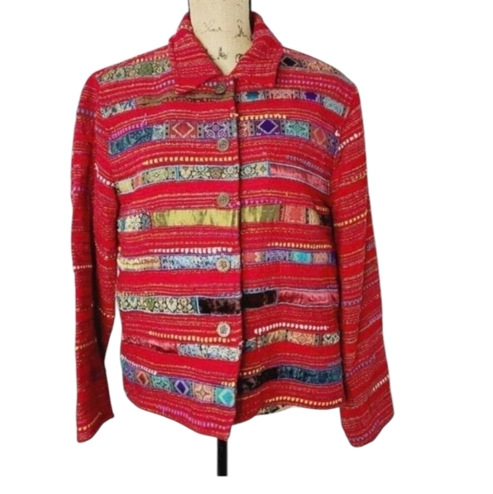 Red Colorful Tapestry Blanket Coat Coldwater Creek P XL